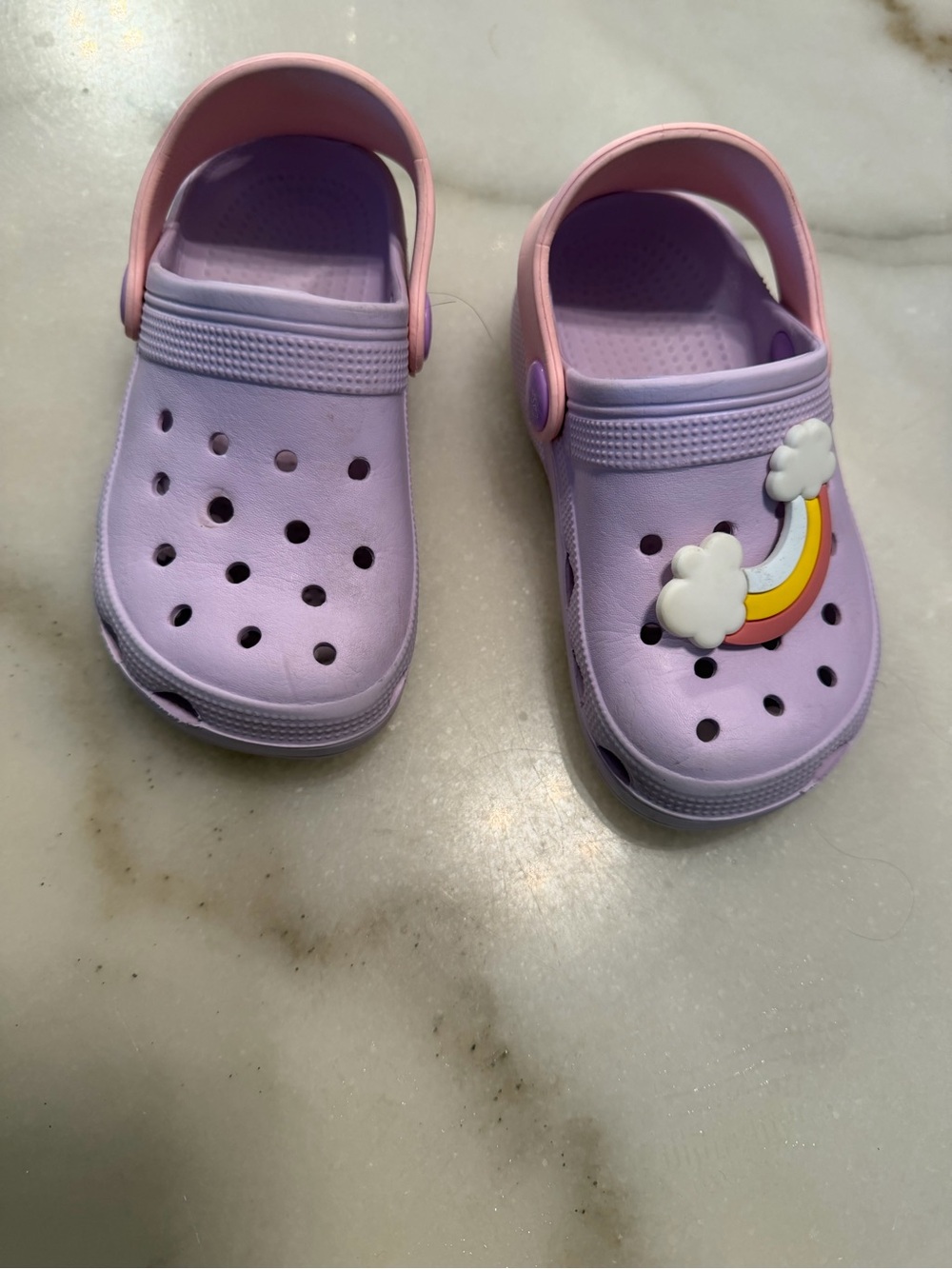 Kids Lavender Clog Sandals with Pink Heel Strap and Rainbow Charm